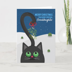 Merry Christmas Granddaughter Cat WIth Mistletoe Holiday Card