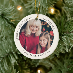 Merry Christmas Grandma Custom Photo Cream Ceramic Ornament