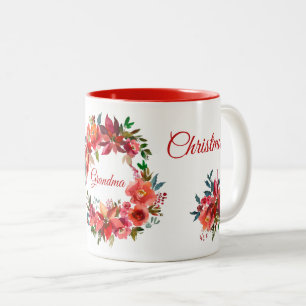 Merry Christmas Grandma Floral Poinsettia Wreath  Two-Tone Coffee Mug