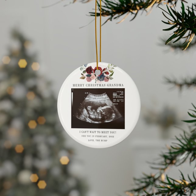 Merry Christmas Grandma Floral Ultrasound Photo Ceramic Ornament (Burgundy Floral Sonogram Grandma Keepsake Ceramic Ornament)