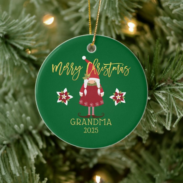 Merry Christmas Grandma Gnome Girl Holiday Photo Ceramic Ornament (Tree)