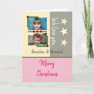 Merry Christmas grandma grandad pink grey photos Holiday Card