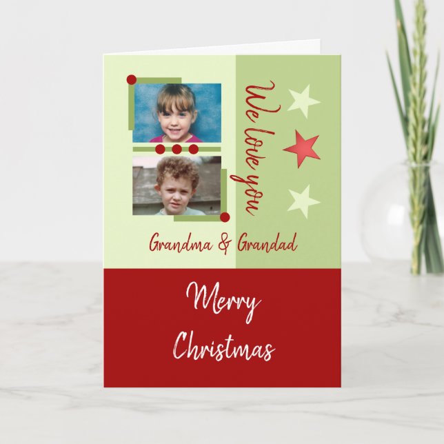 Merry Christmas grandma grandad red green photos Holiday Card (Front)