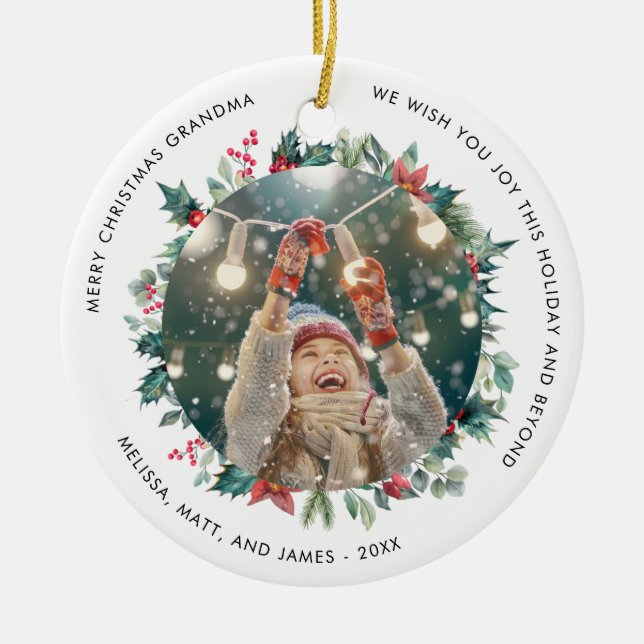 Merry Christmas Grandma Photo Holiday Ceramic Ornament (Front)
