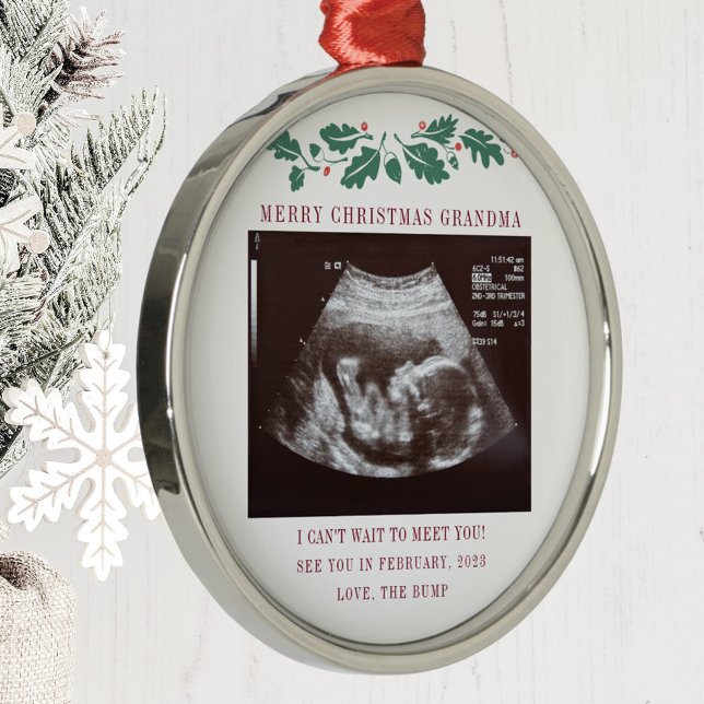 Merry Christmas Grandma Pregnancy Announcement Metal Ornament (Grandma Keepsake Christmas Sonogram Baby Announcement Metal Ornament)