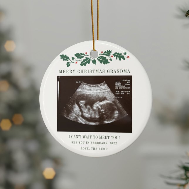 Merry Christmas Grandma Pregnancy Baby Scan Ceramic Ornament (Merry Christmas Grandma Sonogram Pregnancy Announcement Circle Ornament)