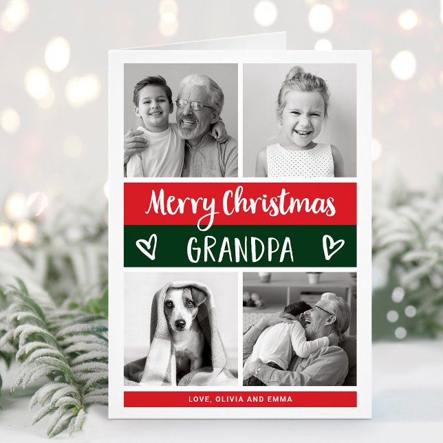 Merry Christmas Grandpa | Colour Block Photo Grid Holiday Card (A festive Christmas photo card for grandpa)
