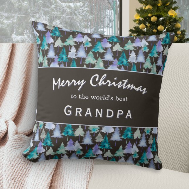Merry Christmas Grandpa Watercolor Forest Trees Cushion (A pillow for the 'world's best Grandpa', with rustic pine trees design and 'Merry Christmas' wishes)