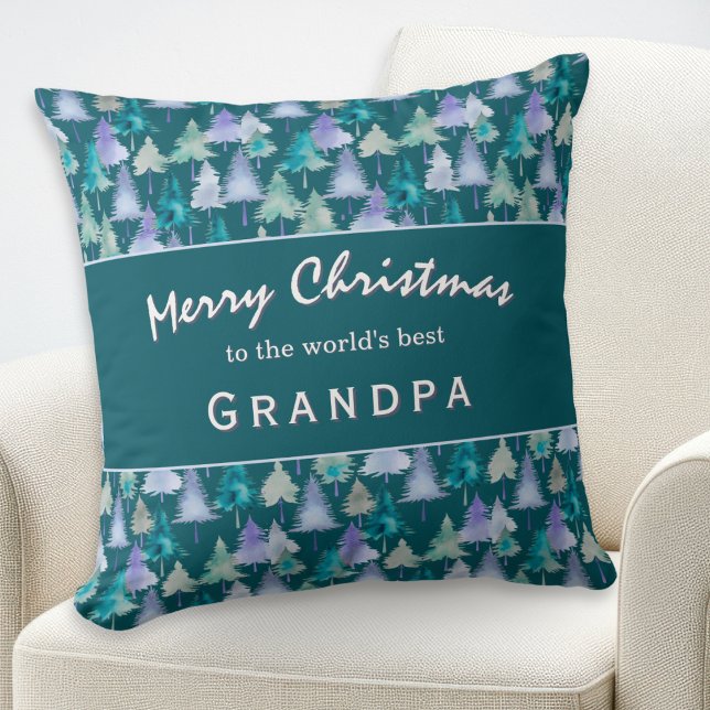 Merry Christmas Grandpa Watercolor Trees Custom Cushion (A stylish pillow for the 'World's Best Grandpa', with jade and lilac Christmas trees pattern)