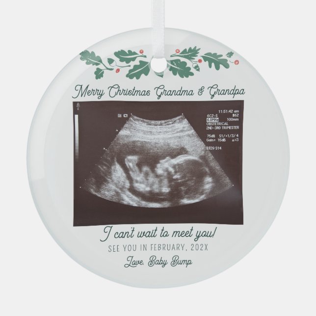 Merry Christmas Grandparent Pregnancy Announcement Glass Tree Decoration (Front)
