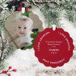 Merry Christmas Grandparents Name And Baby Photo Tree Decoration Card<br><div class="desc">For grandma and grandpa at christmas, a cute red memento ornament card featuring a adorable photo of their baby granddaughter. On the back a christmas message. After its use as a personalised gift tag grandparents can display on their christmas tree. To change the text and photo click on the personalise...</div>