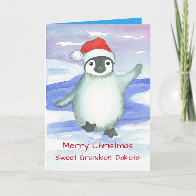 Merry Christmas Grandson Baby Penguin Custom Holiday Card (Front)