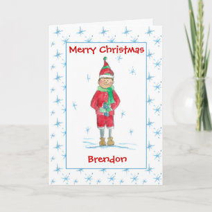 Merry Christmas Grandson Holiday Elf Custom Name Card