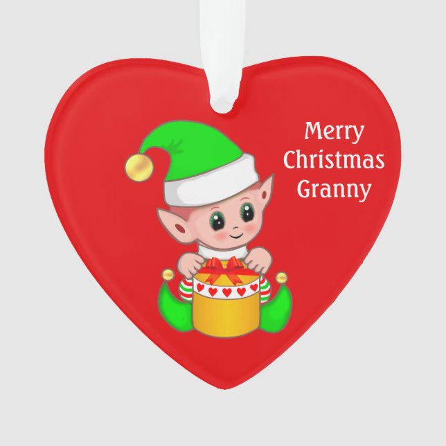 Merry Christmas Granny & Cute Christmas Elf Ornament (Front)