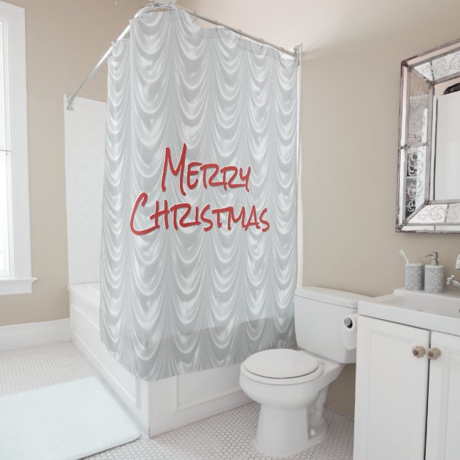 Merry Christmas: Graphic White Ruched Satin Shower Curtain (In Situ)