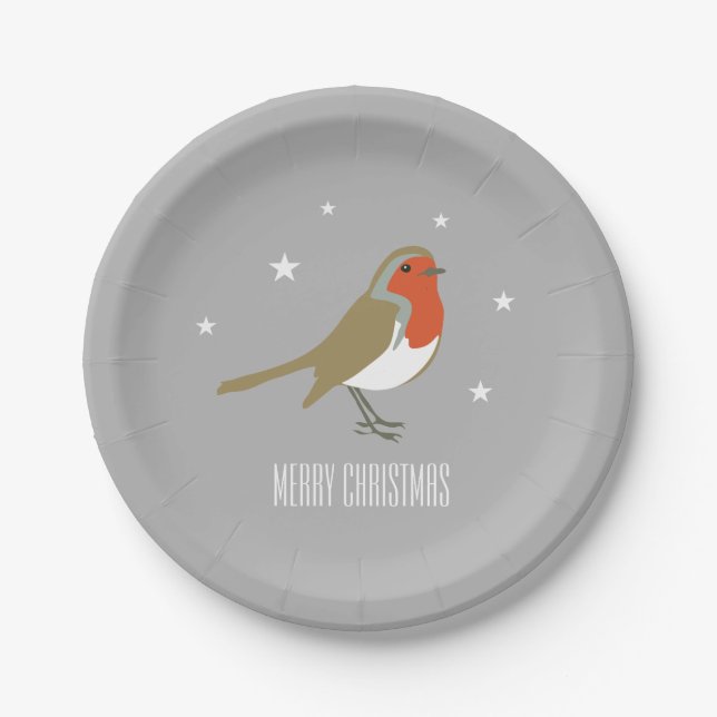 Merry Christmas Gray Robin Bird Paper Party Plates (Front)