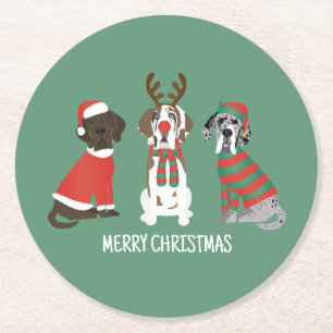 Merry Christmas Great Dane Dogs Round Paper Coaster