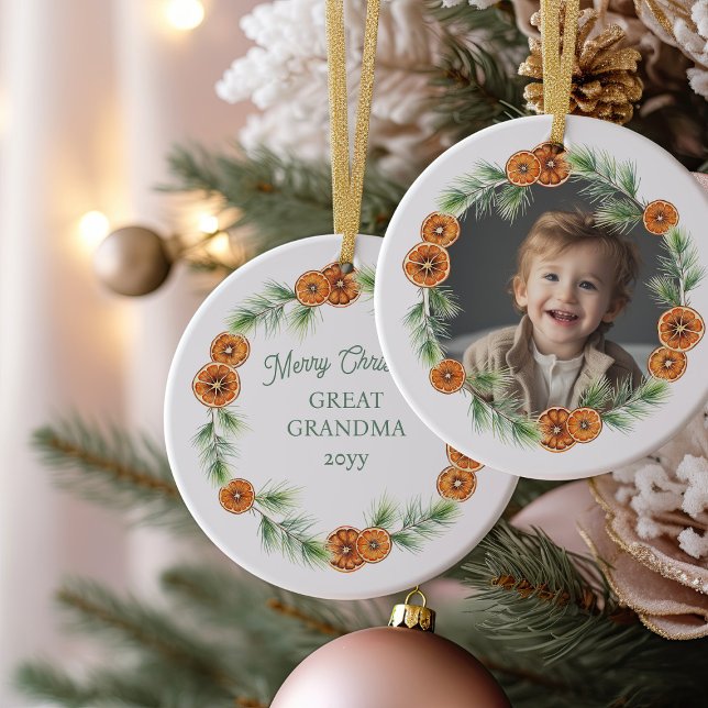Merry Christmas Great Grandma Citrus Wreath Photo Ceramic Ornament (Christmas Photo Ornament with citrus pine wreath frame)