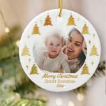 Merry Christmas Great Grandma - White Gold Photo Ceramic Ornament<br><div class="desc">Personalise this elegant Christmas ornament as a gift for Great Grandma (or whoever you wish) as a keepsake for a new baby or just to share a lovely photo. The template is set up for you to add your favourite photo, your greeting, a name and the year. Your photo is...</div>