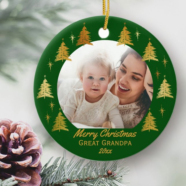 Merry Christmas Great Grandpa Green and Gold Photo Ceramic Ornament (Christmas photo ornament for Great Grandpa)