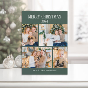 Merry Christmas Green 4 Photo Collage  Holiday Card