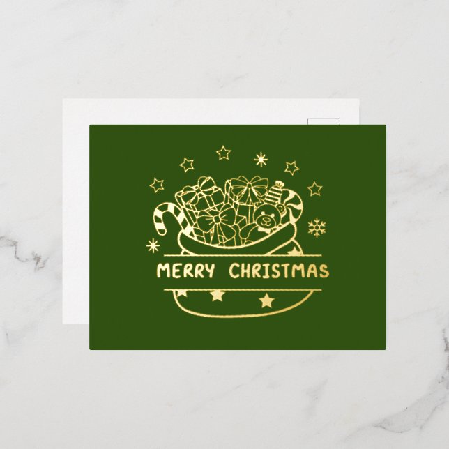 Merry Christmas Green and Gold Foil Foil Holiday Postcard (Front/Back)