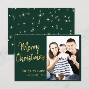 Merry Christmas Green and Gold Holiday Photo Invitation