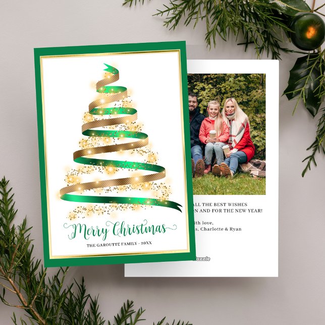 Merry Christmas Green and Gold Ribbon Tree Photo  Holiday Card (Merry Christmas Green Gold Tree Photo Holiday Card)