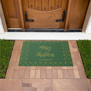 Merry Christmas Green and Gold Script Name Doormat