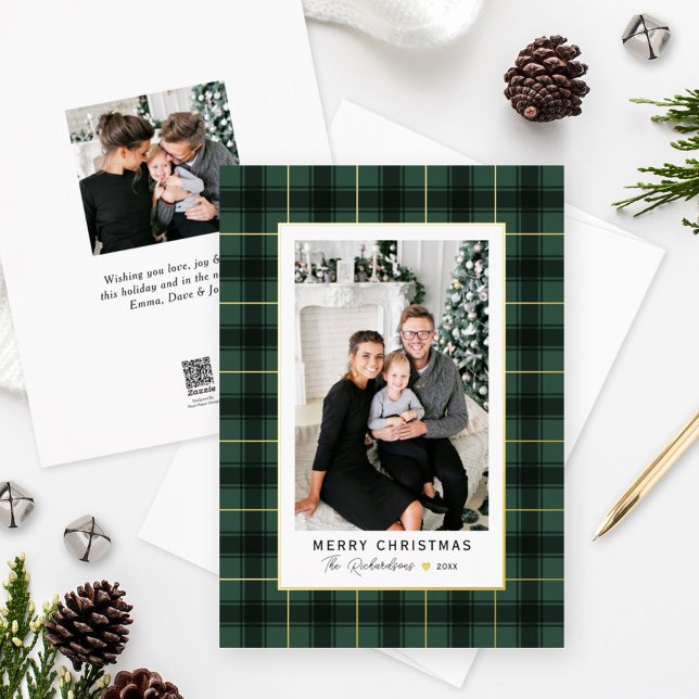 Merry Christmas Green and Gold Tartan Plaid Photo Foil Holiday Card (Creator Uploaded)