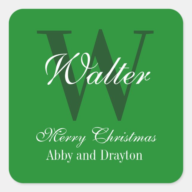 Merry Christmas Green And White Custom Monogram Square Sticker (Front)
