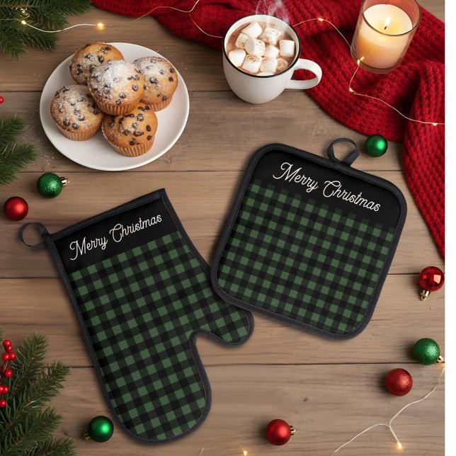 Merry Christmas Green & Black Buffalo Plaid Oven Mitt & Pot Holder Set (Creator Uploaded)