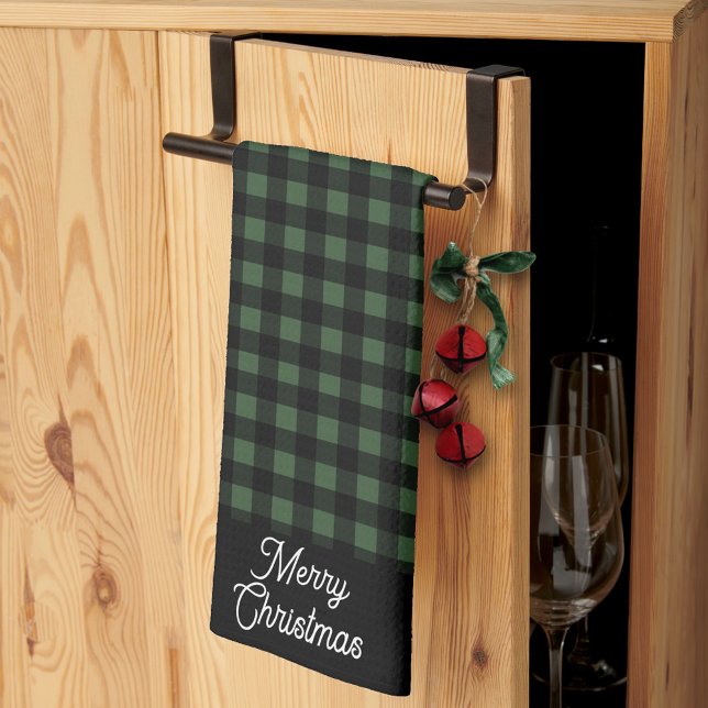 Merry Christmas Green & Black Buffalo Plaid Tea Towel (Creator Uploaded)