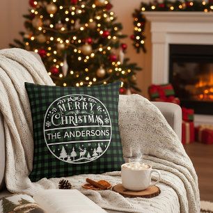 Merry Christmas Green & Black Plaid Custom Name Cushion