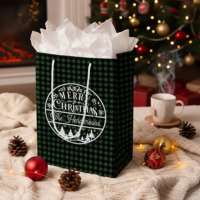 Merry Christmas Green & Black Plaid Custom Name Medium Gift Bag (Creator Uploaded)