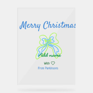Merry christmas green blue bow add family name tex acrylic sign