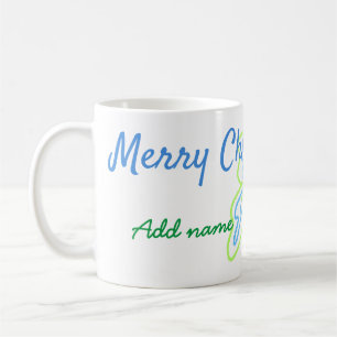 Merry christmas green blue bow add family name tex coffee mug