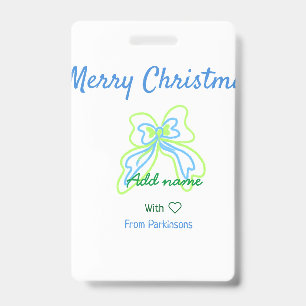 Merry christmas green blue bow add family name tex ID badge
