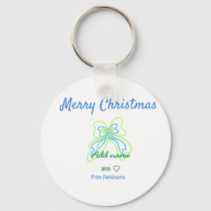 Merry christmas green blue bow add family name tex key ring