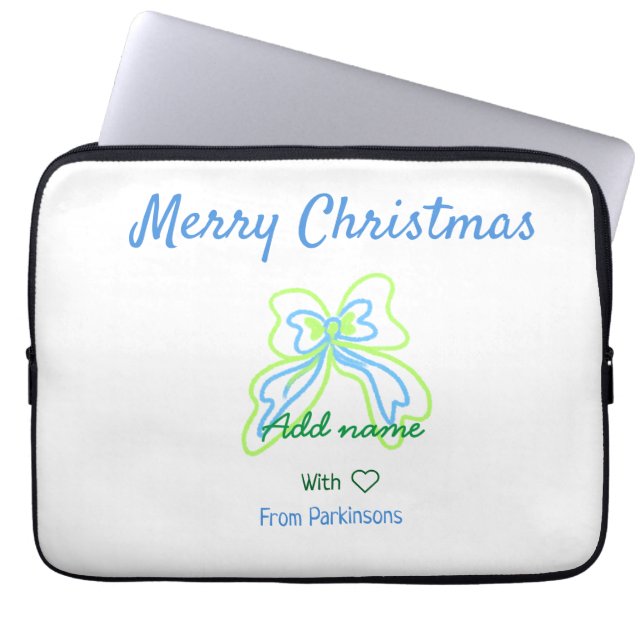 Merry christmas green blue bow add family name tex laptop sleeve (Front)