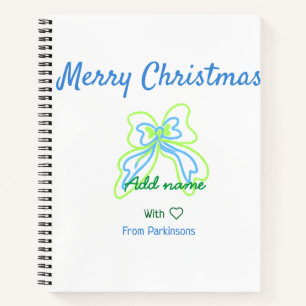 Merry christmas green blue bow add family name tex notebook