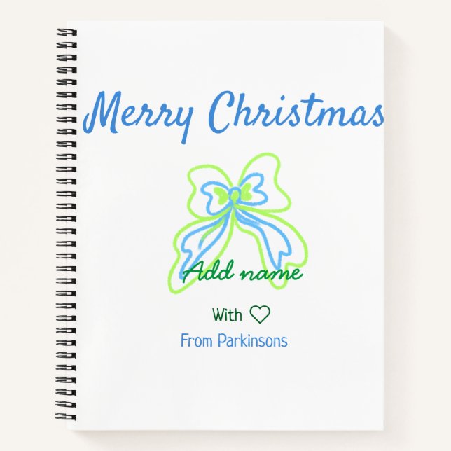 Merry christmas green blue bow add family name tex notebook (Front)