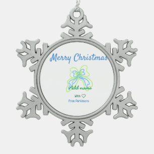 Merry christmas green blue bow add family name tex snowflake pewter christmas ornament