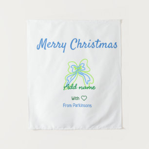 Merry christmas green blue bow add family name tex tapestry
