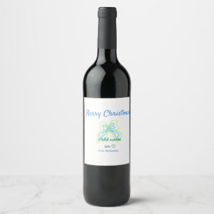 Merry christmas green blue bow add family name tex wine label