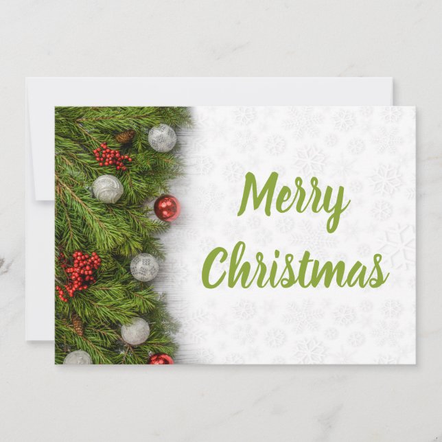Merry Christmas Green Branches and Ornaments Card (Front)