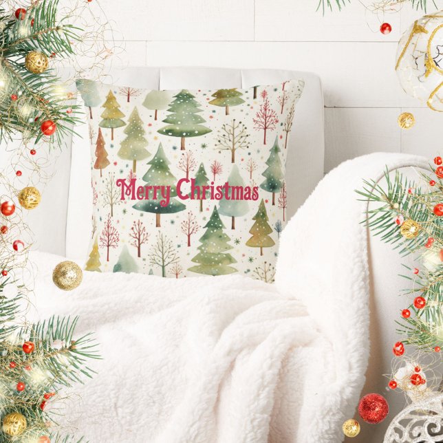 Merry Christmas Green Brown Forest Pine Trees Cushion (Creator Uploaded)