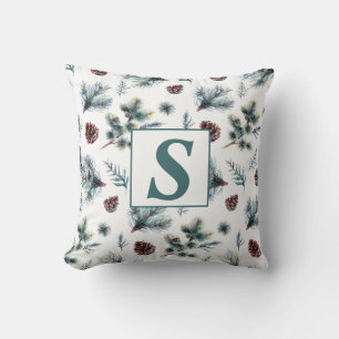 Merry Christmas Green Brown White Pine Monogram Cushion