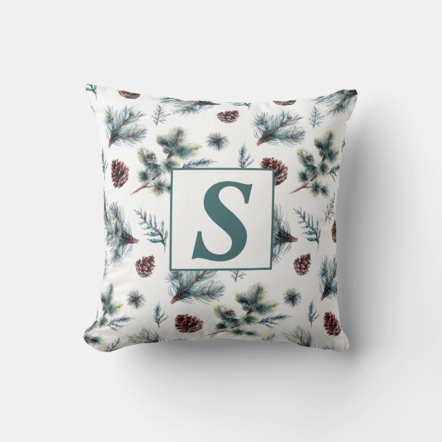 Merry Christmas Green Brown White Pine Monogram Cushion (Front)