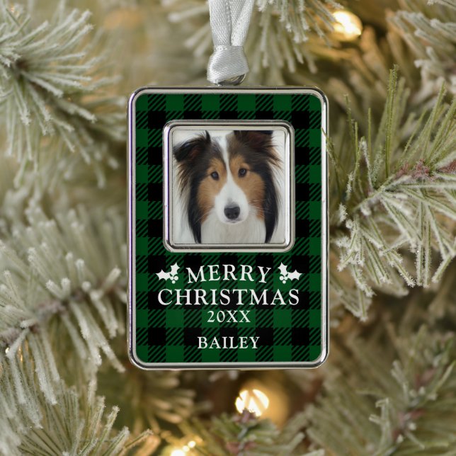 Merry Christmas Green Buffalo Check Dog Photo  Silver Plated Framed Ornament (Tree)